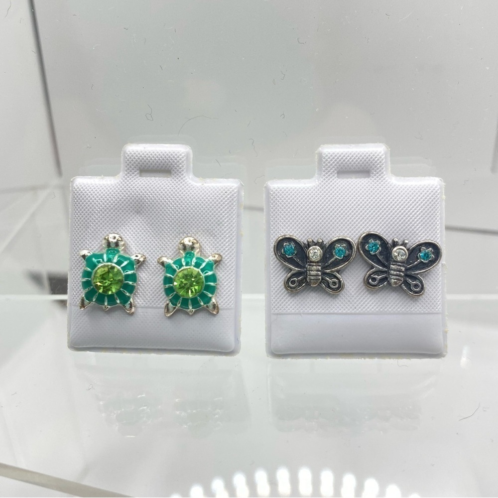 Turtle/ Butterfly Silver-Tone Enamel Rhinestone Stud Pierced Earrings Set Of 2